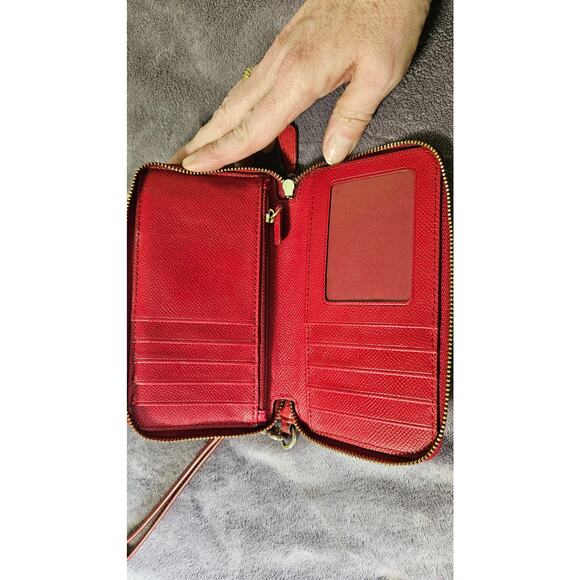 Coach Zip Around Wallet, Two Sections, Brown Signature Fabric with Red trim - Picture 3 of 6